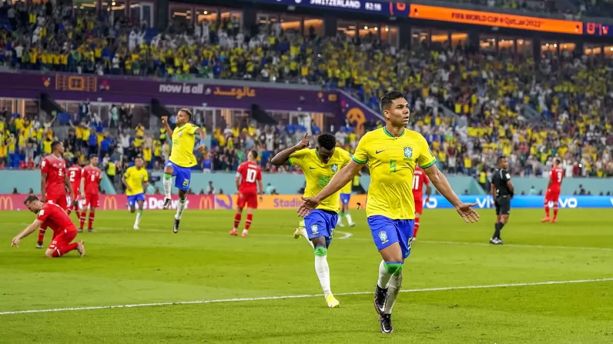 Casemiro celebrates after scoring the solitary goal of the match.