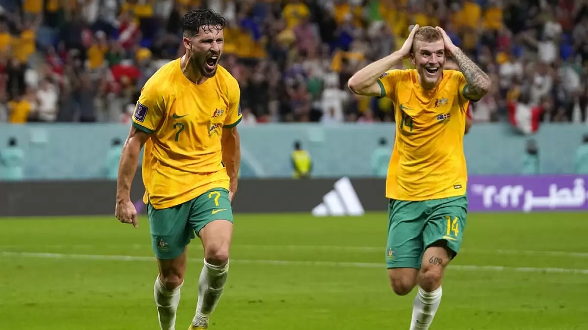 Australia's Mathew Leckie celebrates after scoring a goal against Denmark.