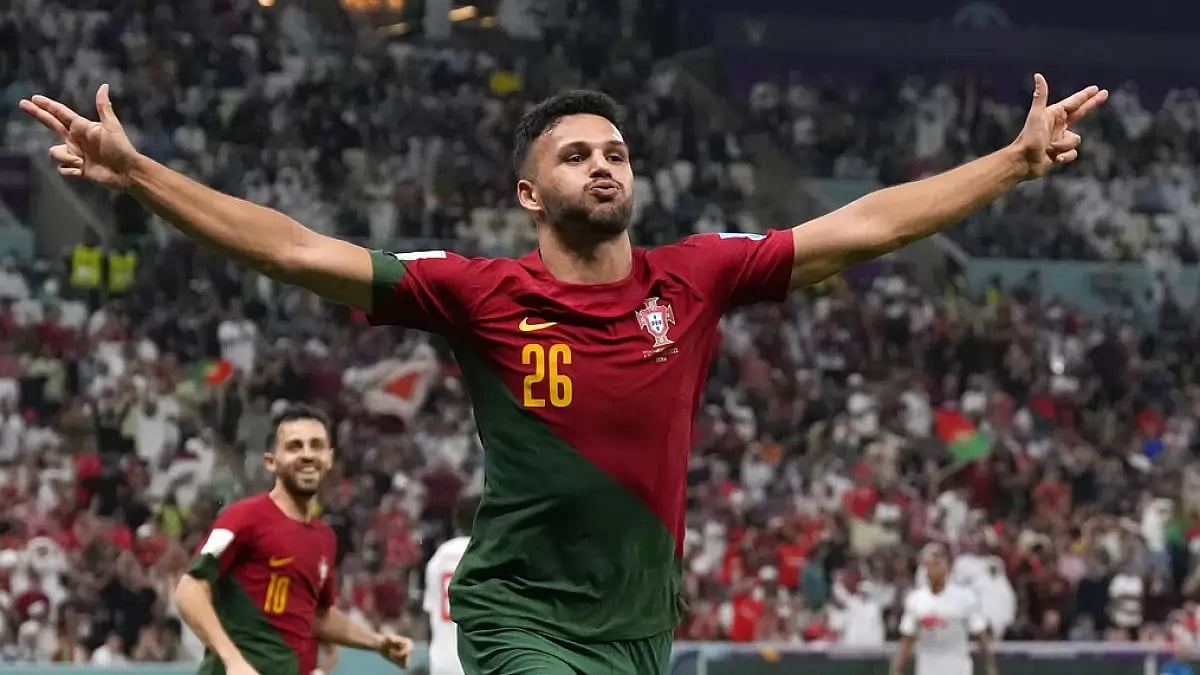 Goncalo Ramos celebrates after scoring his third goal against Switzerland on Tuesday.