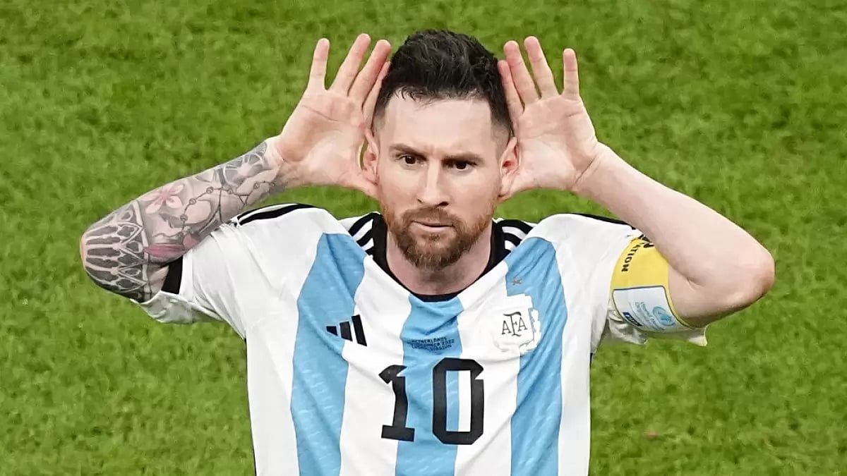 Lionel Messi celebrates after scoring Argentina's second goal against Netherlands.
