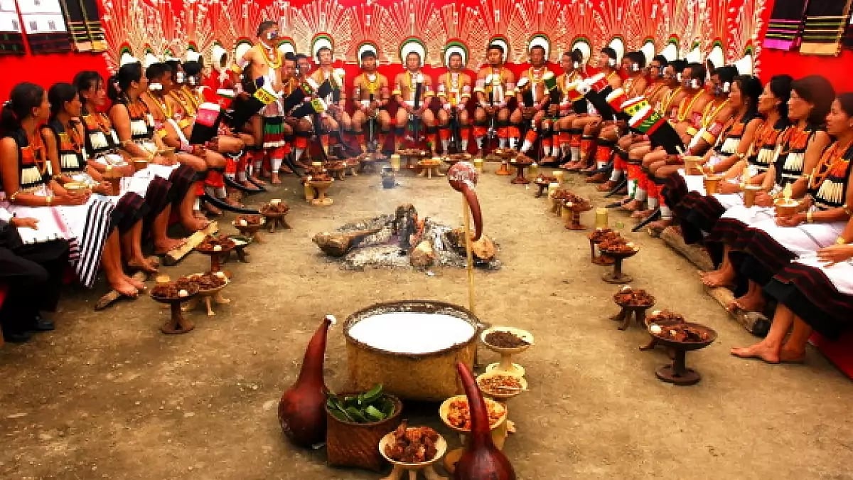People from Angami community feasting on the Hornbill Festival at Nagaland's Kisama village