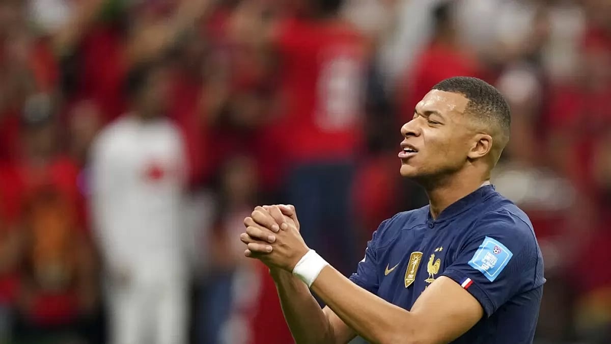 Kylian Mbappe of France gestures during the semifinal match against Morocco on Wednesday.