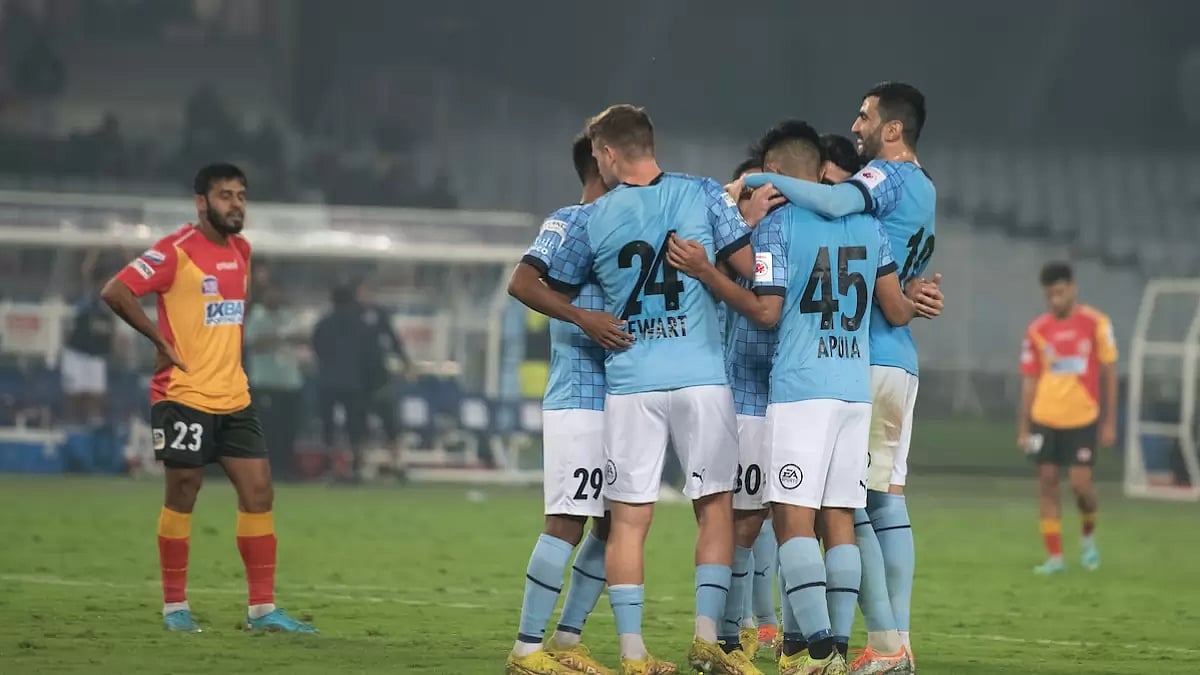 MCFC players celebrate after Ralte's brace against EBFC on Friday.