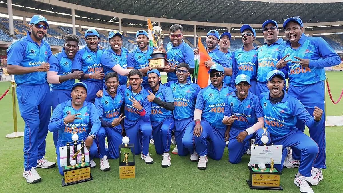 India players pose with the title after their win against Bangladesh in the 3rd T20 Cricket World Cup final.