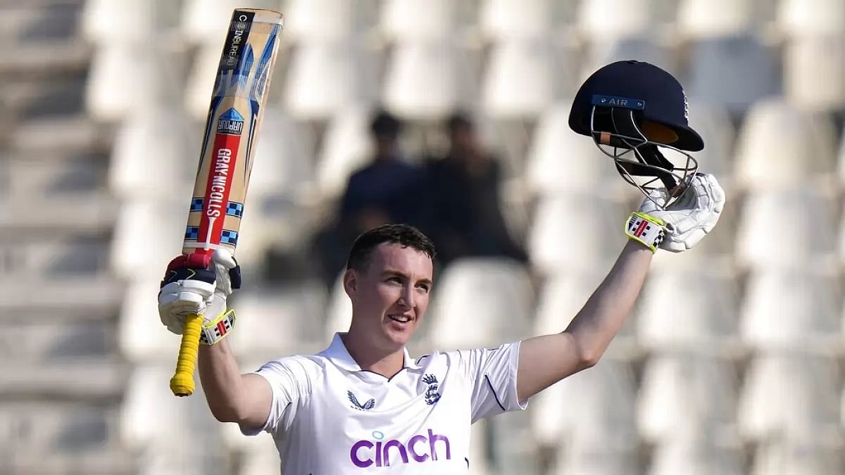 Harry Brook celebrates after scoring a hundred against Pakistan on Day 2 of the 3rd Test.
