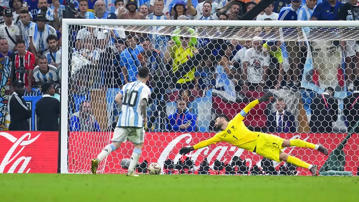 Messi sends the ball past Lloris in Argentina's penalty shootout against France on Sunday.
