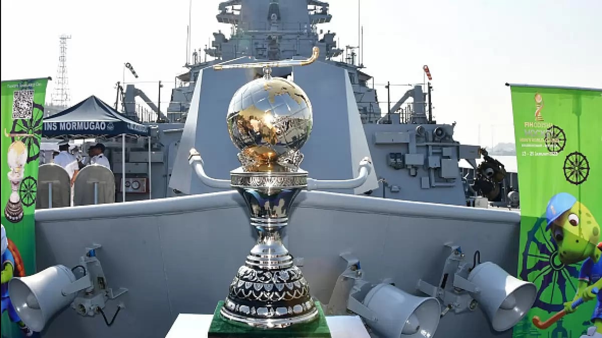 Hockey World Cup trophy displayed onboard INS Mormugao.