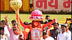 BJP supporters seen during the swearing in ceremony of Uttar Pradesh Government in Lucknow.