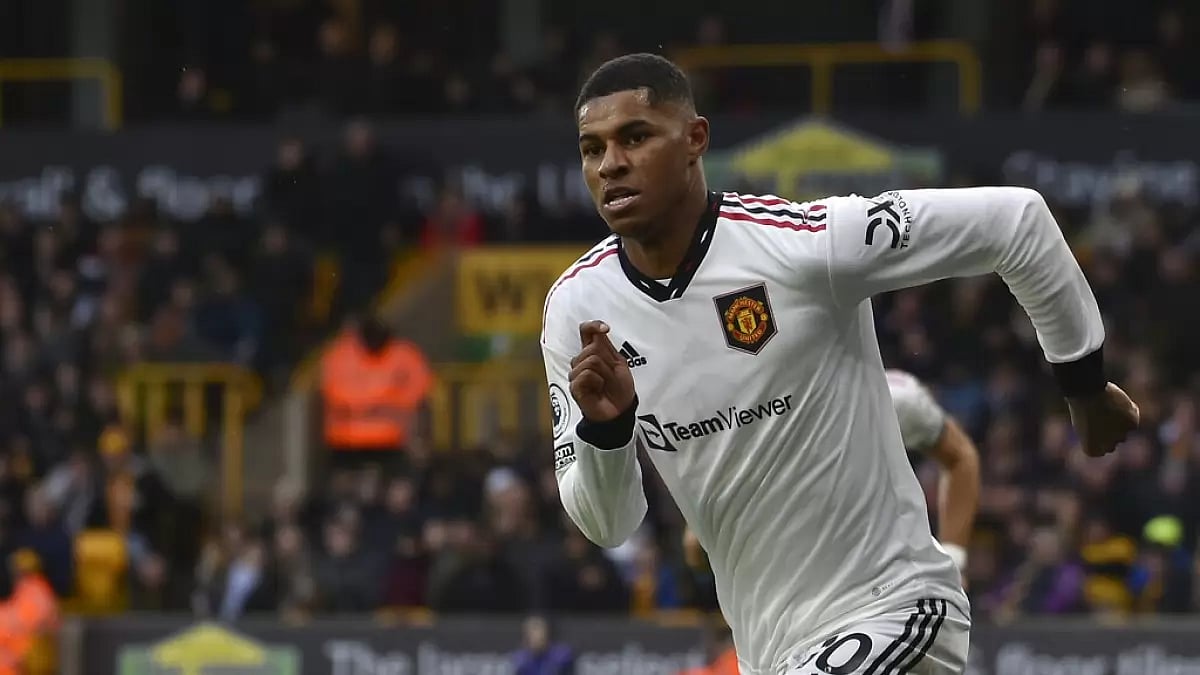Rashford celebrates after scoring Manchester United's first goal against Wolves on Saturday.