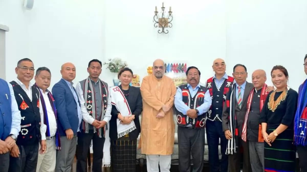 Union home minister Amit Shah with ENPO delegation that was accompanied by Rajya Sabha MP S Phangnon Konyak. 