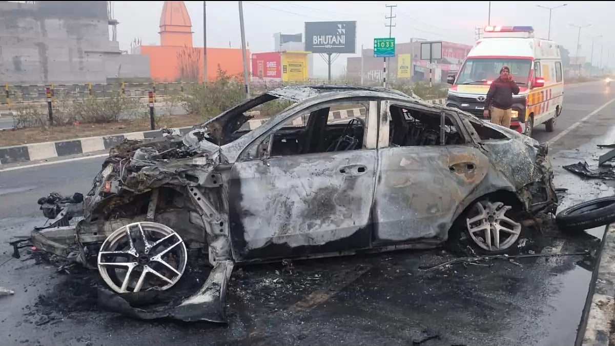The charred remains of Rishabh Pant's Mercedes-AMG GLE43 Coupe.