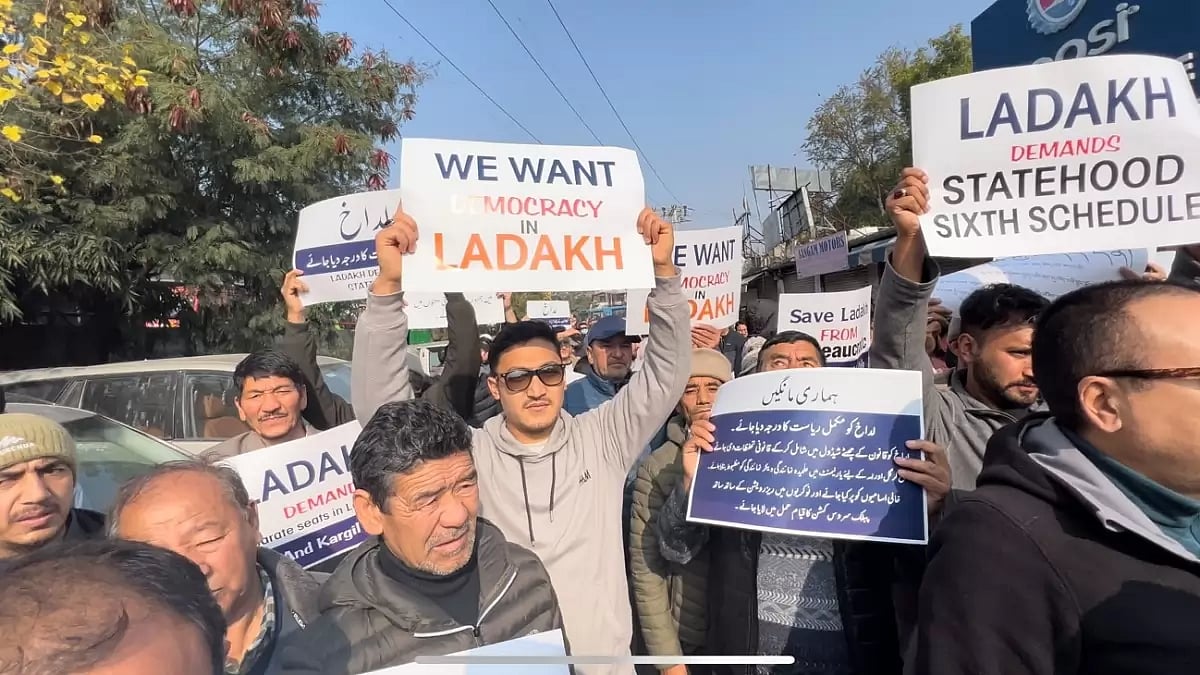 Protesters from Ladakh raise statehood and other demands in a protest in Jammu.