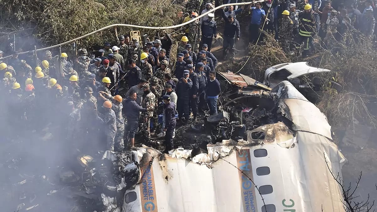 The wreckage of Yeti Airlines passenger plane that crashed in Pokhara, Nepal. There were 72 people on board.