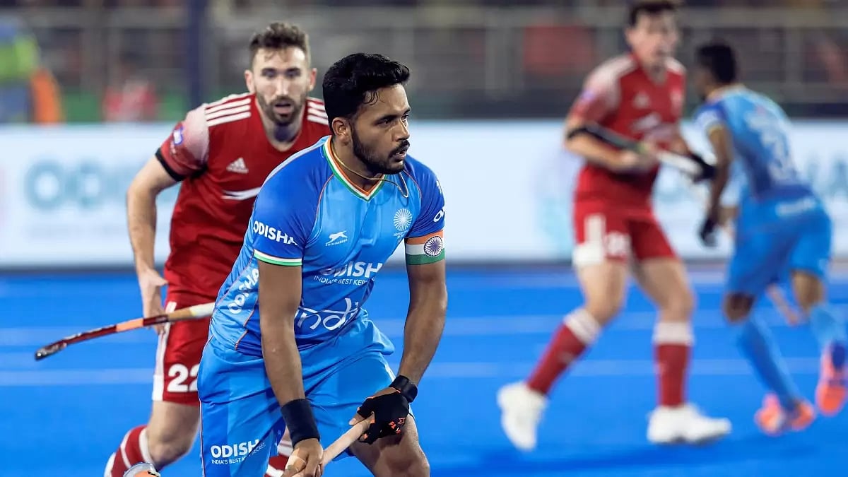 India captain Harmapreet Singh in action against England on Sunday.