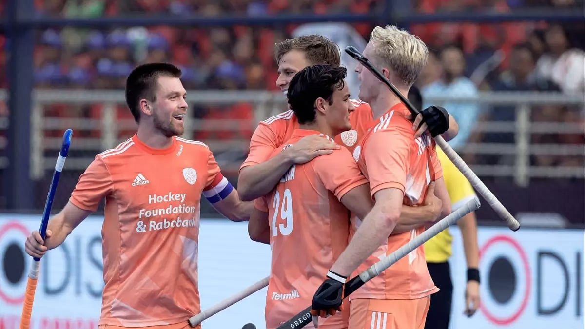 Netherlands players celebrate a goal against New Zealand on Monday.