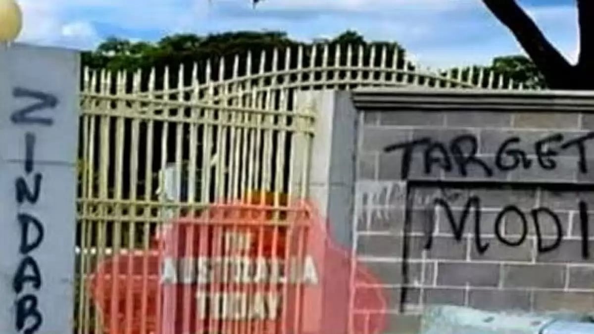 Anti-India graffiti on the walls of the Shiv Vishnu Temple in Victoria