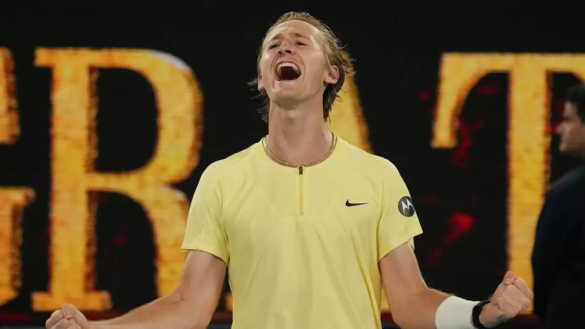 Sebastian Korda celebrates after defeating Medvedev on Friday.