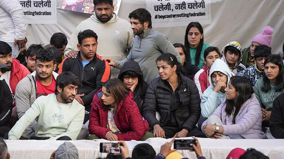 Wrestlers pictured protesting against WFI at Jantar Mantar in New Delhi.