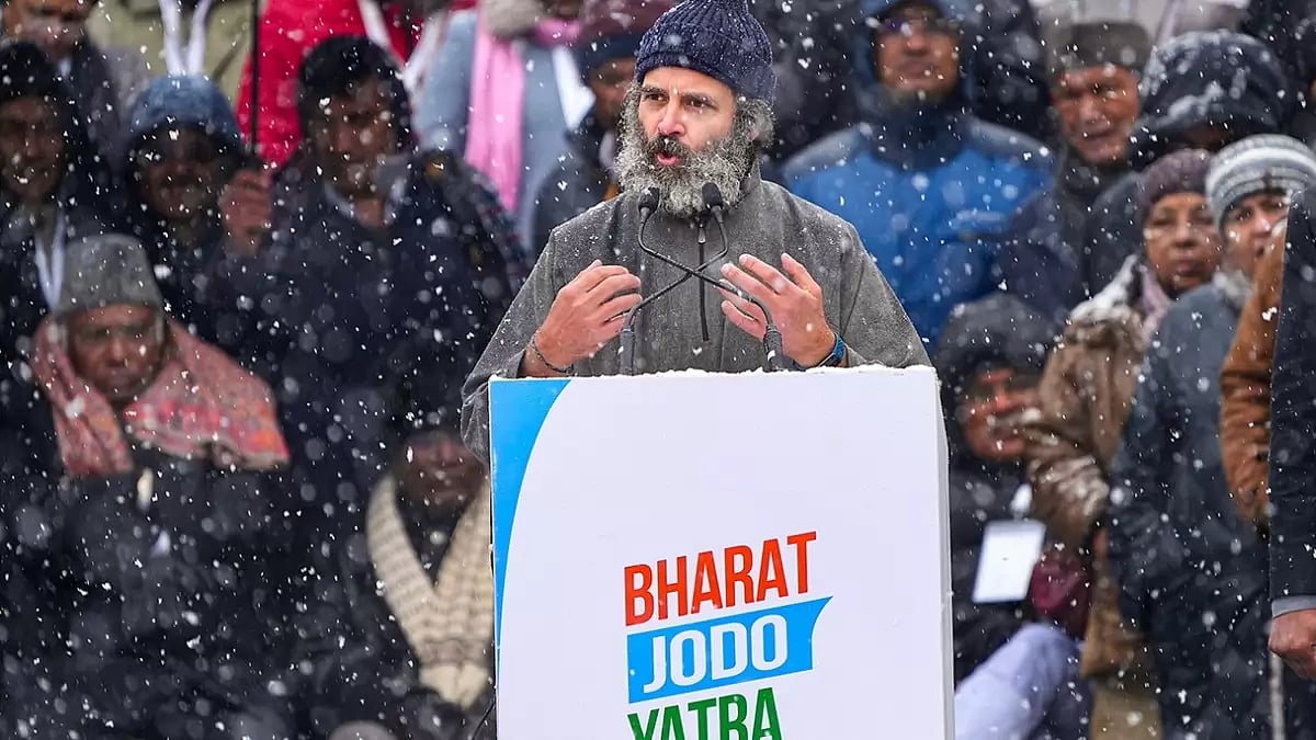 Congress leader Rahul Gandhi addresses a public rally at the end of party's 'Bharat Jodo Yatra', in 