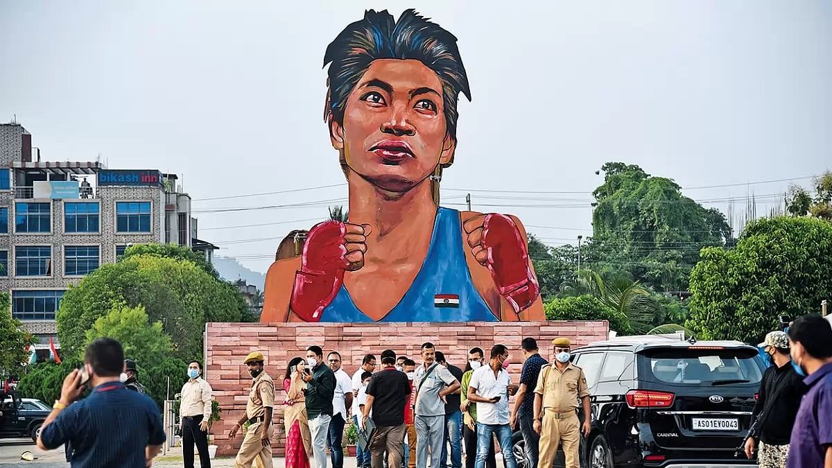 Larger than life: A huge cutout of boxer and Olympic Bronze medallist Lovlina Borgohain in Assam