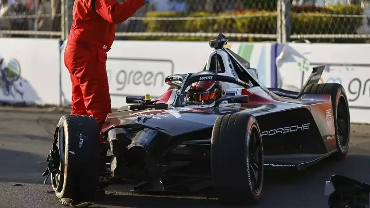 A steward administers Wehrlein's car crash at the Hyderabad Street Circuit on Friday.