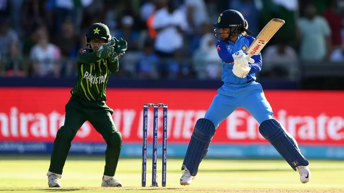 Rodrigues hits a shot through the off side en route to her 53 not out against Pakistan on Sunday.