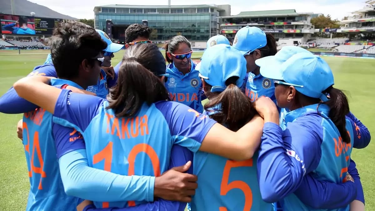 India women's team form a huddle ahead of their match against England on Saturday.
