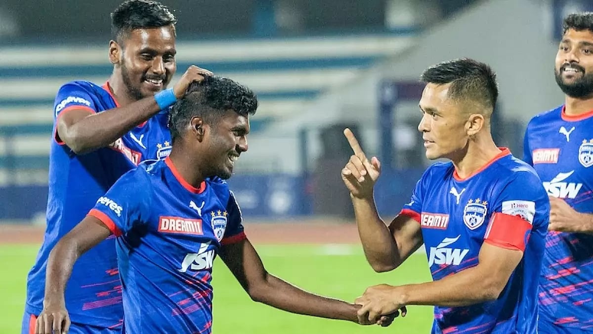 Bengaluru players celebrate a goal against FC Goa on Thursday.