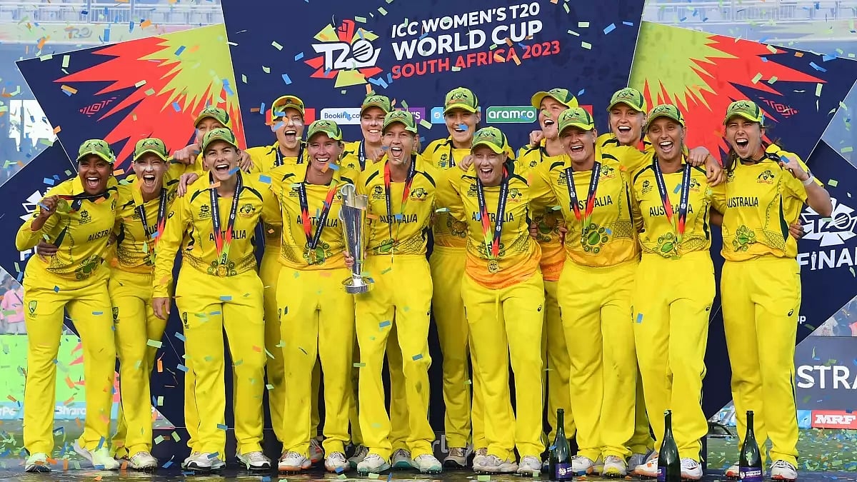 Australia players celebrate their World Cup triumph over South Africa on Sunday.