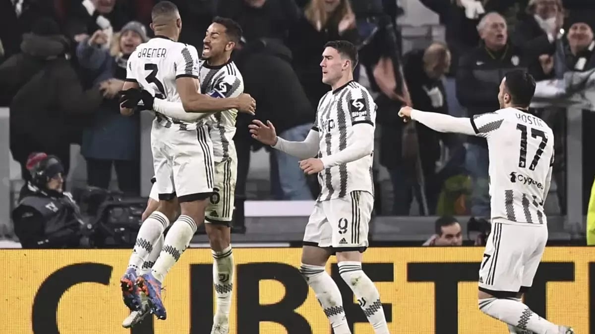 Bremer, second left, celebrates scoring during the Serie A match between Juventus and Torino.