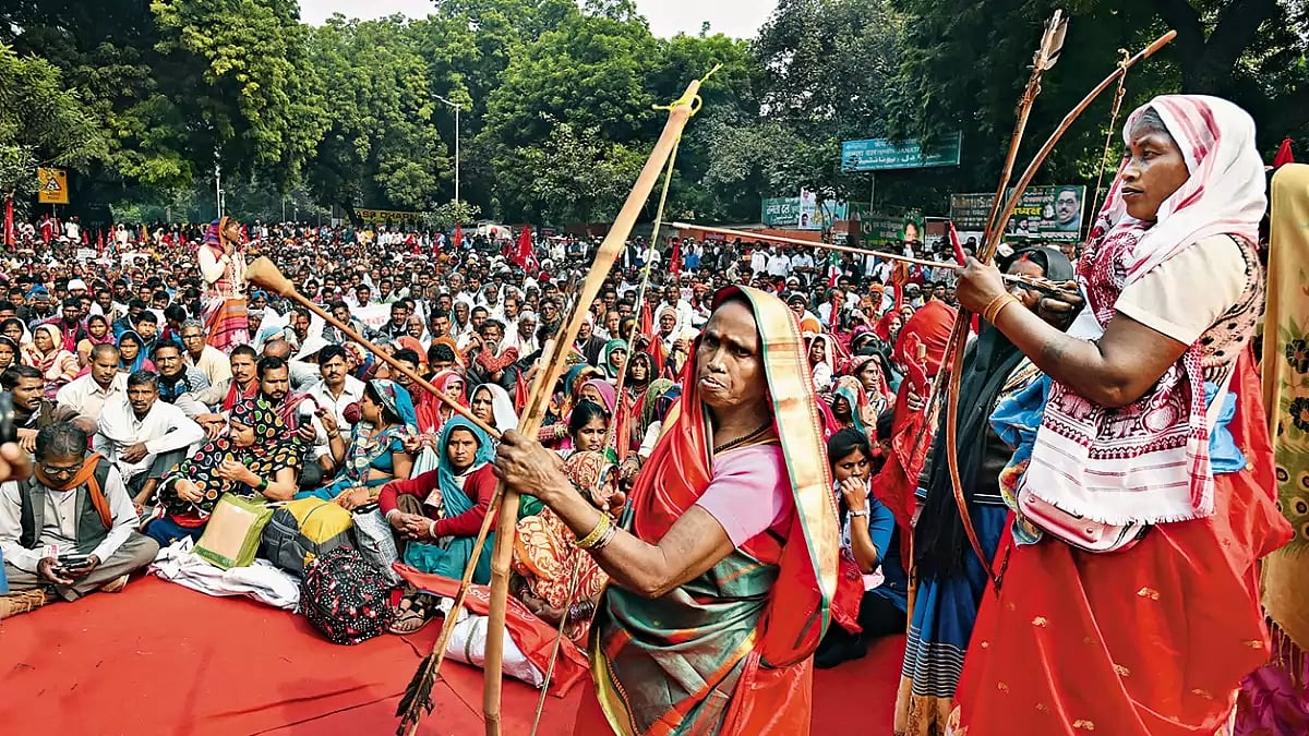 Adivasis stage a protest at Jantar Mantar in Delhi in 2019 demanding land and forest rights