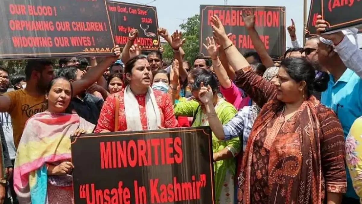Protest held by Kashmiri Pandits after targeted killings in Jammu and Kashmir