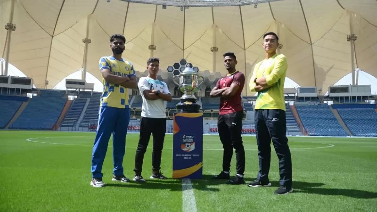 Captains of Karnataka, Services, Punjab and Meghalaya pose with the trophy in Riyadh.