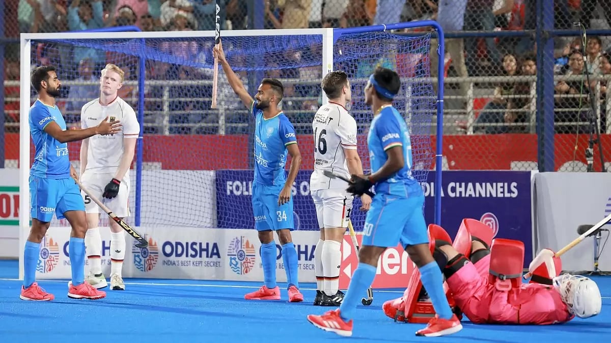 Sukhjeet Singh celebrates after scoring a goal against Germany on Friday.