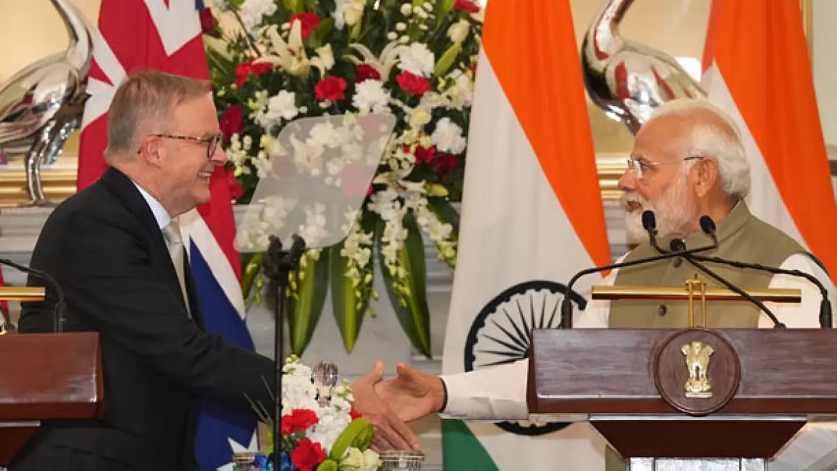 PM Narendra Modi with Australian counterpart Anthony Albanese at the joint press meet in New Delhi