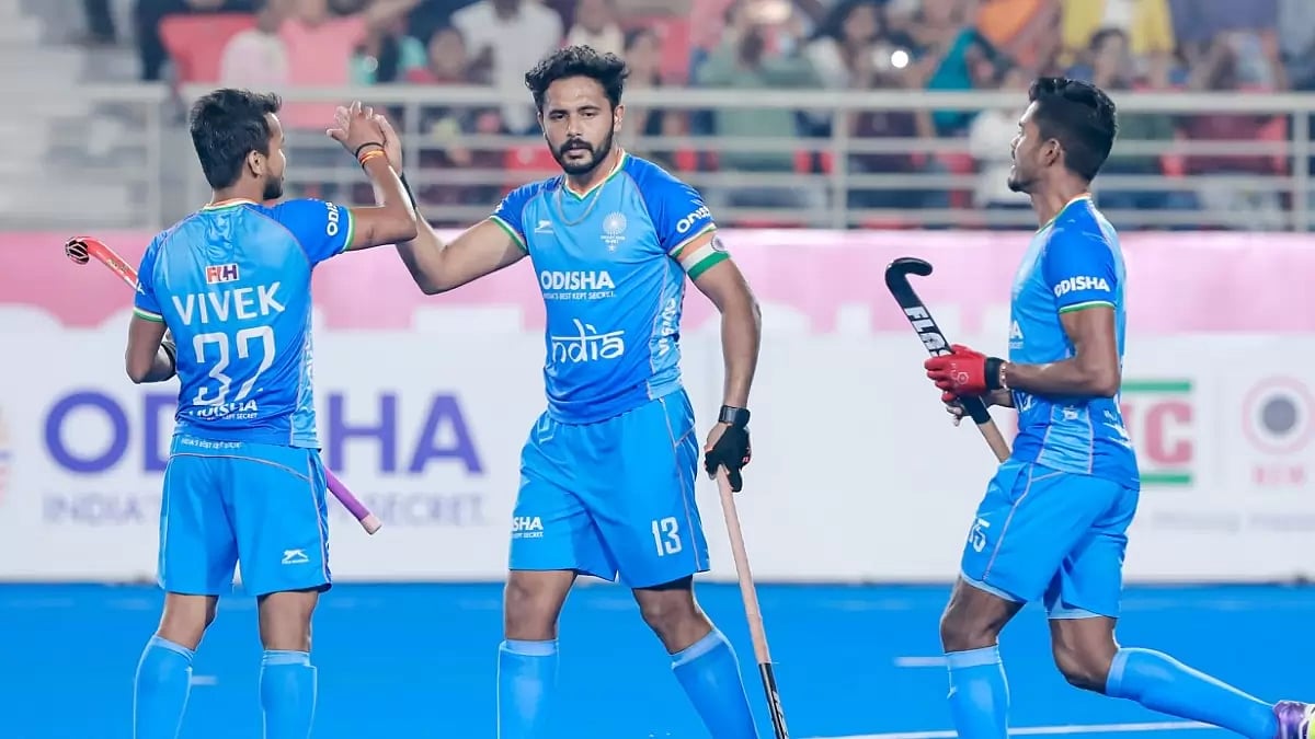 File image of India captain Harmanpreet Singh (centre) and teammates in action.