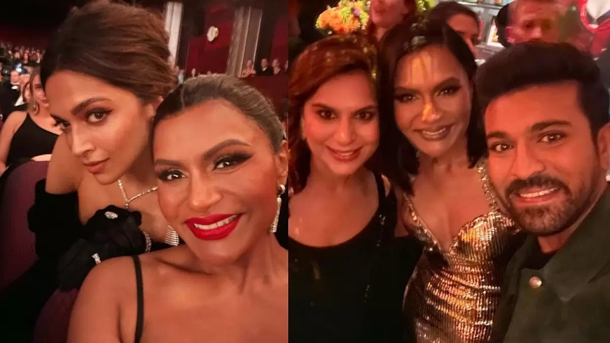 Mindy Kaling poses with Deepika Padukone and Ram Charan