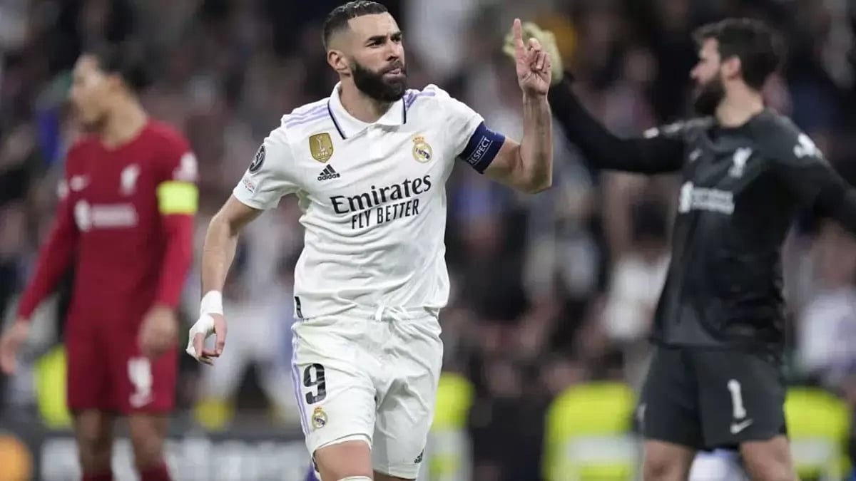 Real Madrid's Karim Benzema celebrates after scoring his side's first goal.