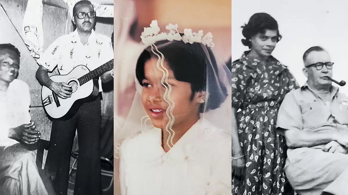 Lives Well Lived: (From left) The author’s relatives Malcolm Abraham on the guitar while Ronnie Abraham looks on; Cecilia at her first Holy Communion; Elizabeth and Fred Higgins, Mellesha Hayden’s grandparents