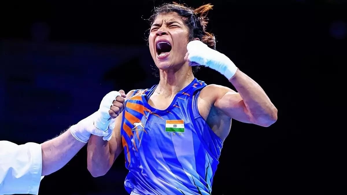 Nikhat Zareen celebrates her win over Ingrit Valencia in New Delhi on Thursday.