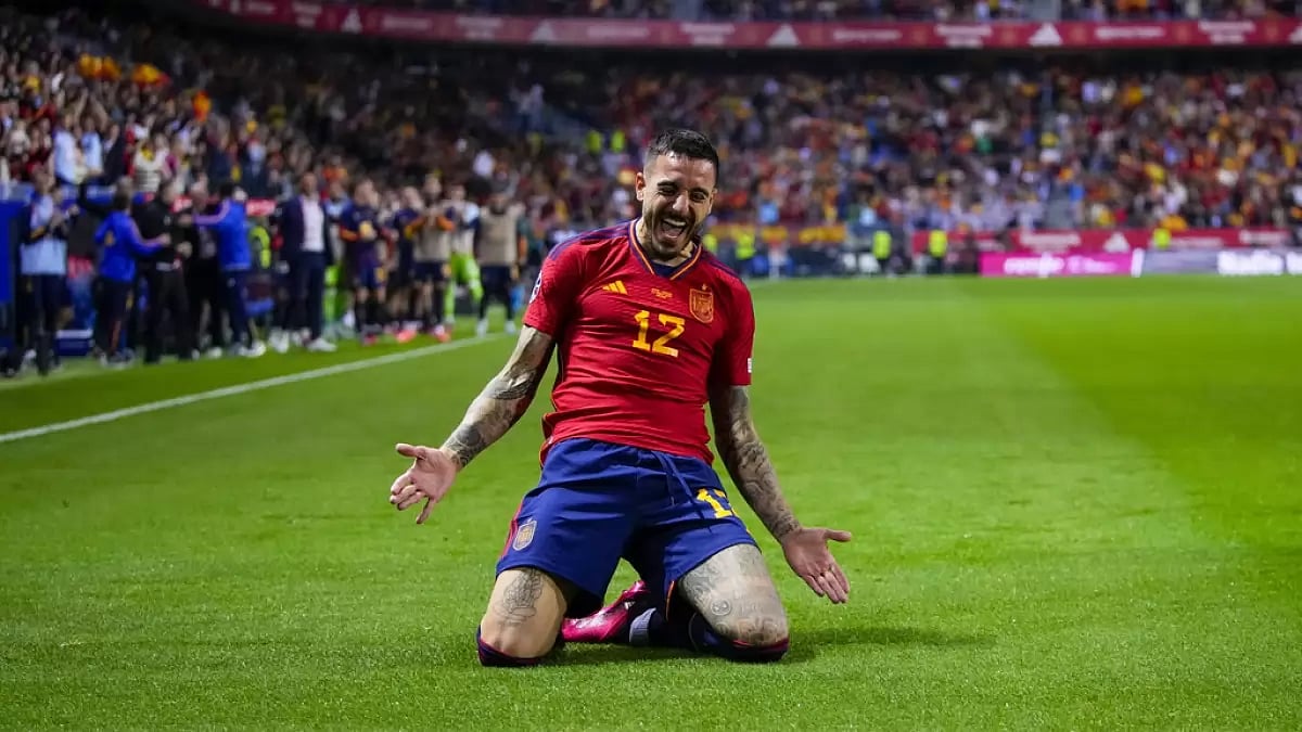 Joselu celebrates after scoring his team's third goal against Norway on Saturday.