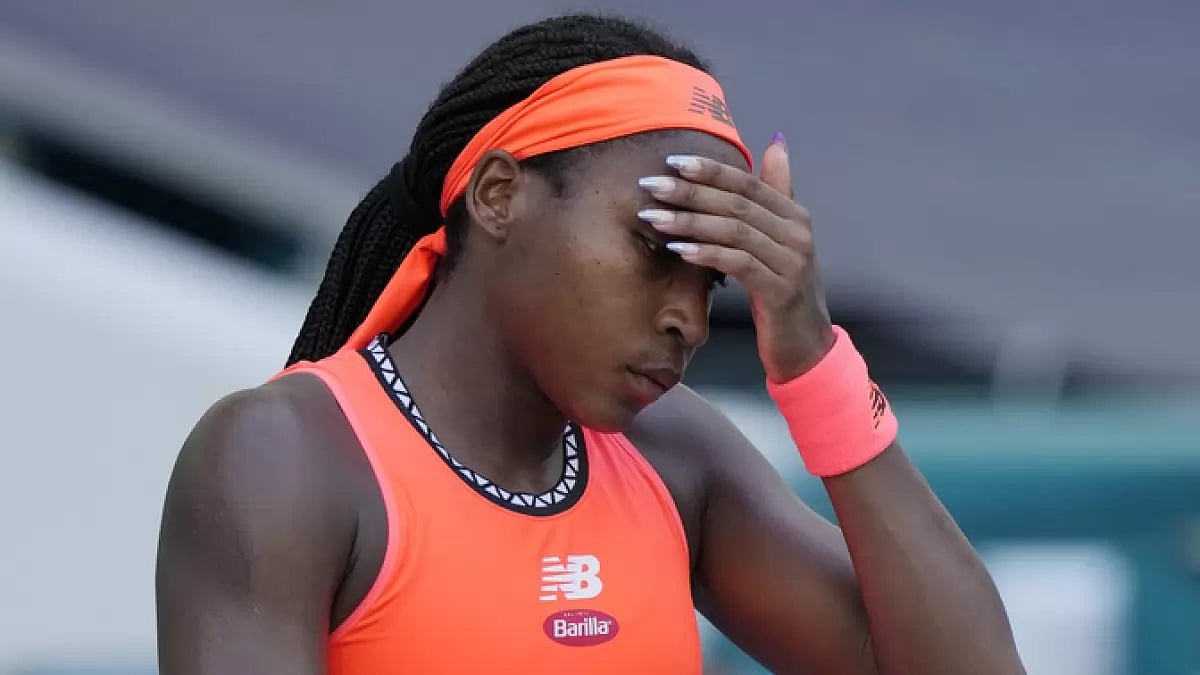Coco Gauff reacts to a missed point against Potapova in Florida on Saturday.