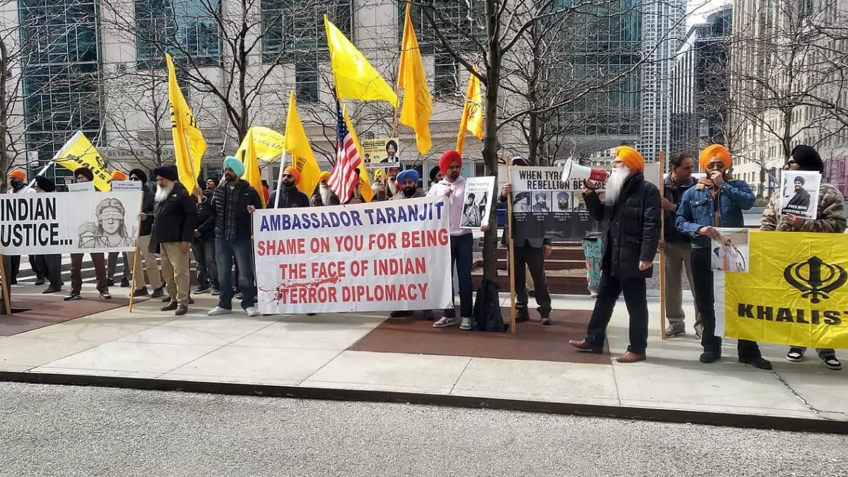 Khalistan supporters protest outside Indian Embassy in Washington, USA. PTI Photo