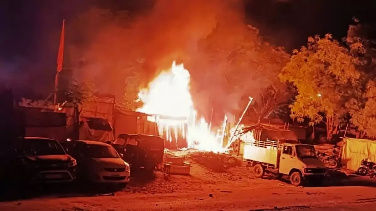 A fire set by miscreants during a clash between two groups in Shastri Nagar area of Jamshedpur