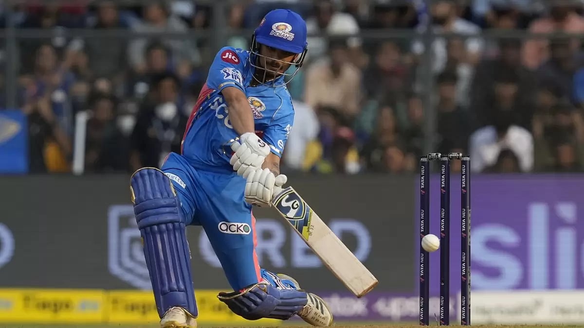 Ishan Kishan plays a shot through the off-side against KKR in Mumbai on Sunday.