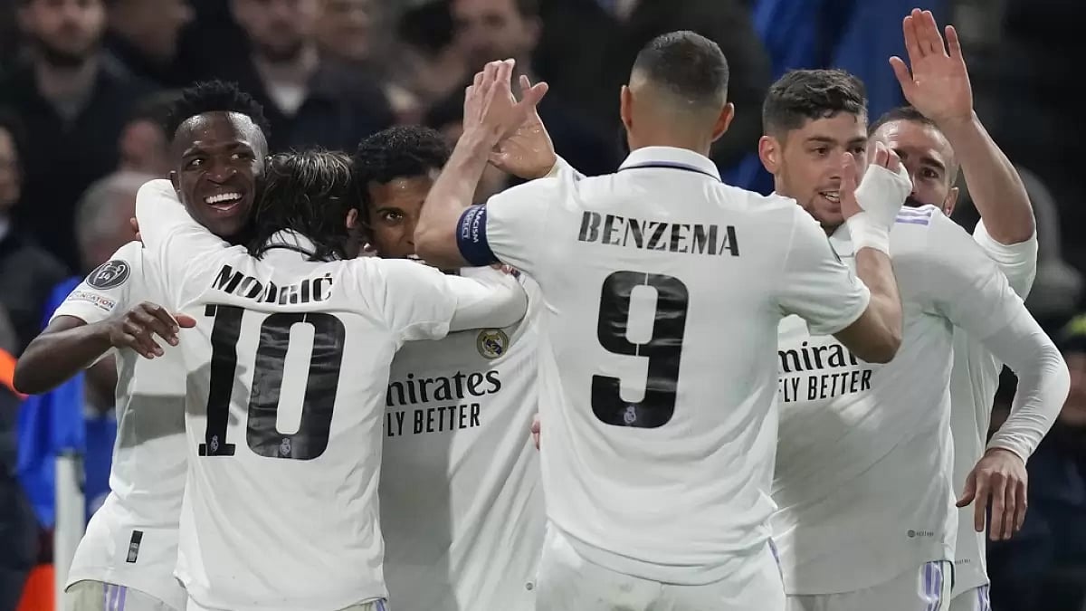 Rodrygo, third left, celebrates after scoring his team's first goal against Chelsea on Tuesday.