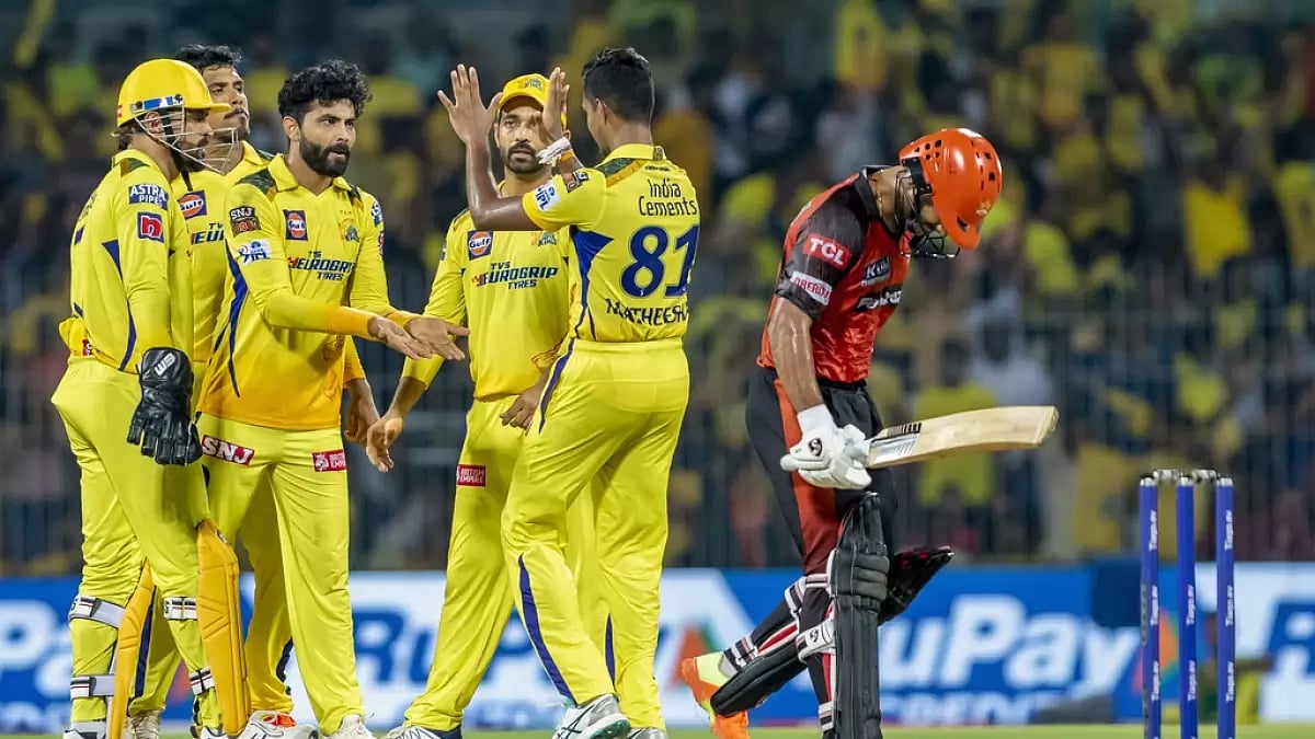 CSK bowlers celebrate the wicket of Rahul Tripathi in Chennai on Friday.
