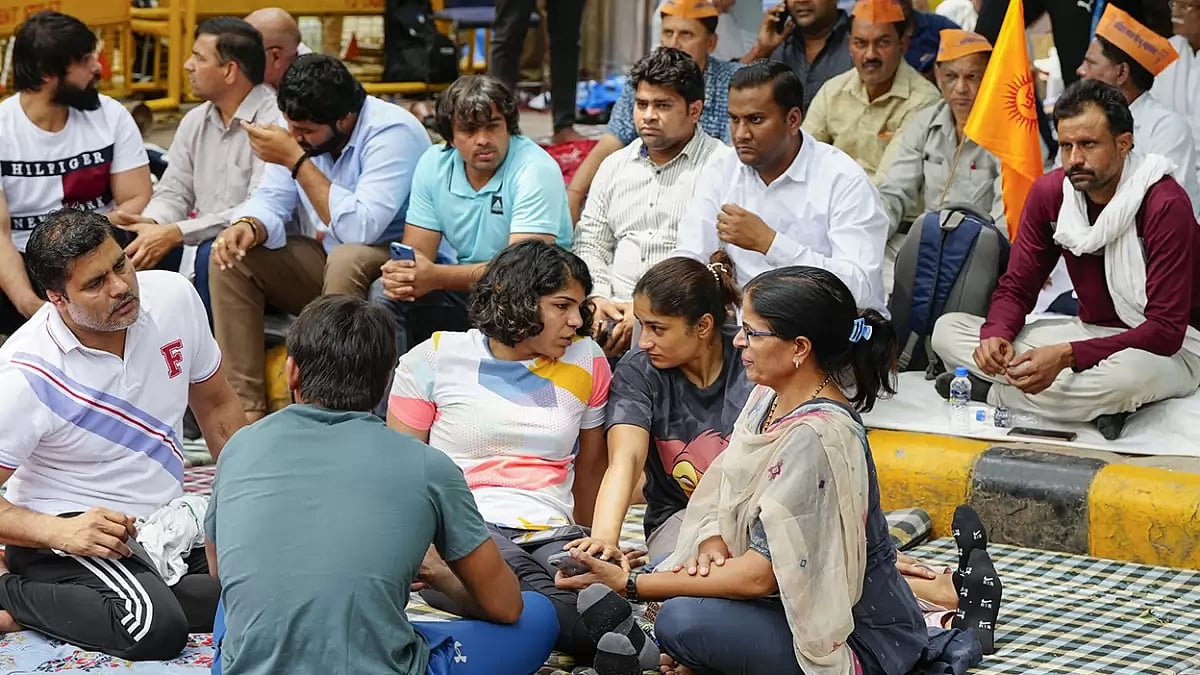 Vinesh Phogat, Sakshi Malik and others during their protest at Jantar Mantar, in New Delhi.