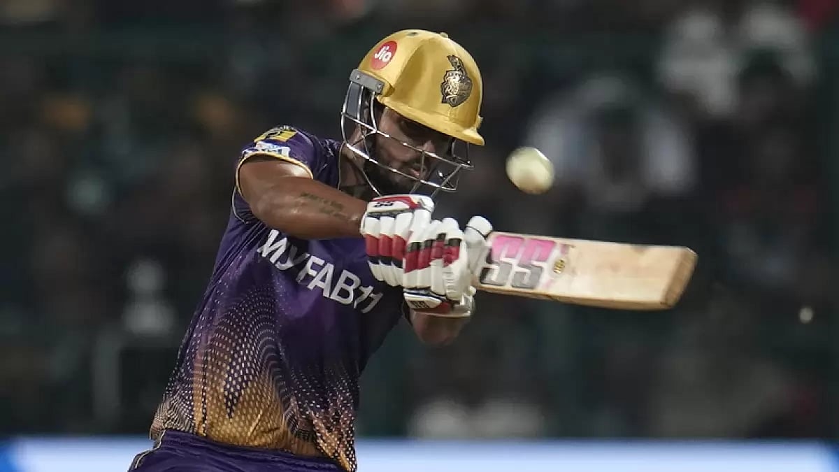KKR captain Nitish Rana hits a boundary en route to his 21-ball 48 in Bengaluru on Wednesday.