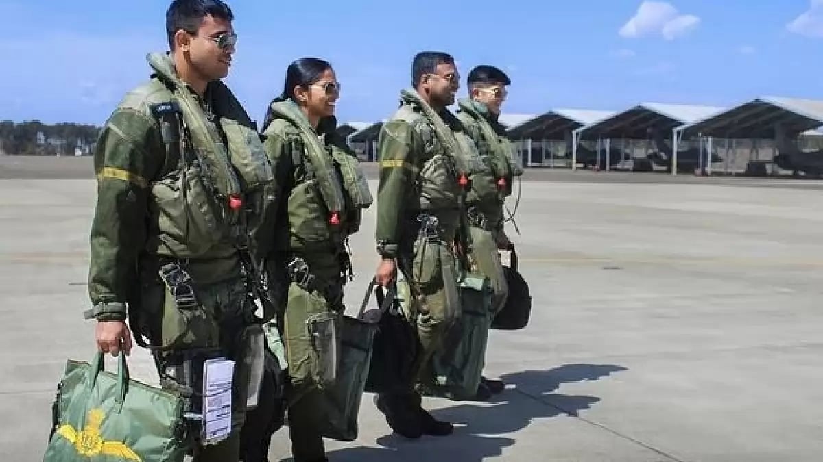 ​India's first woman Rafale jet pilot Shivangi Singh with fellow IAF personnel in France